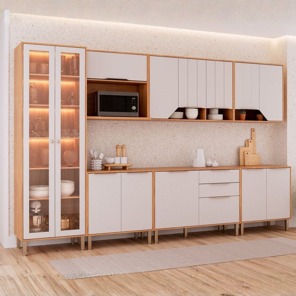 Cozinha Modulada 7 Peças com 1 Cristaleira 3 Balcões e 3 Armários Aéreos Celeste Cinamomo/Off White