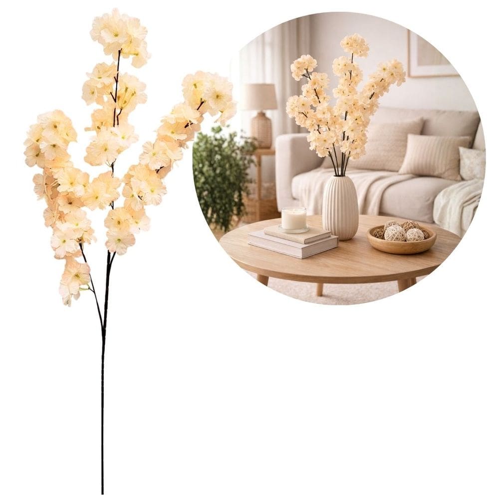 Flor de Pêssego Creme Artificial Arranjo Premium 45cm Decoração