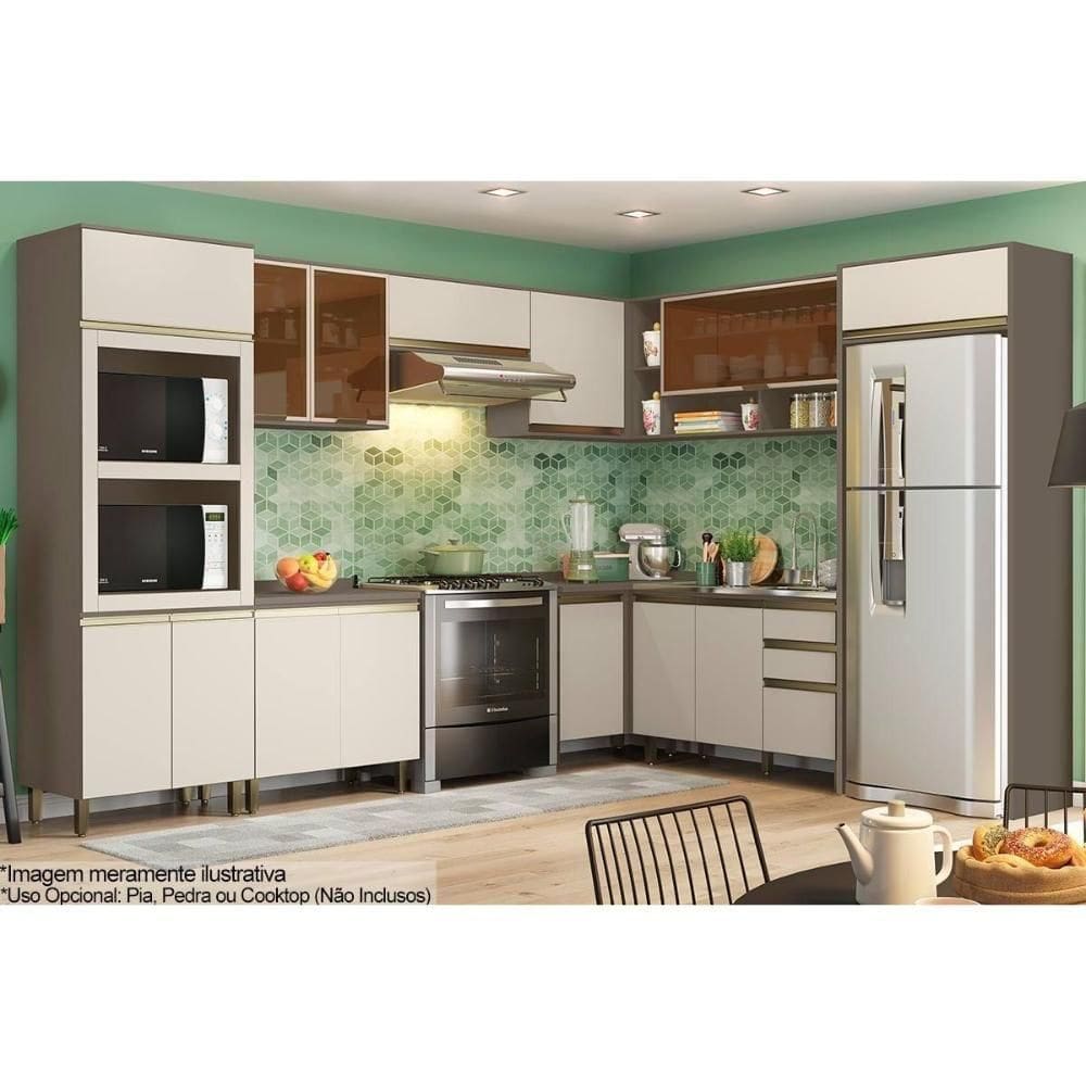 Kit Cozinha Modulada Connect 13 Módulos MDF 71,5CM Bege com Balcão Armário Aéreo Paneleiro Multiuso
