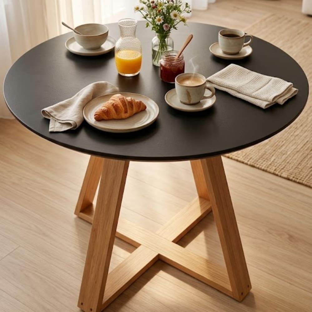 Mesa De Jantar Redonda Livia 110cm Preta Pés Em Madeira