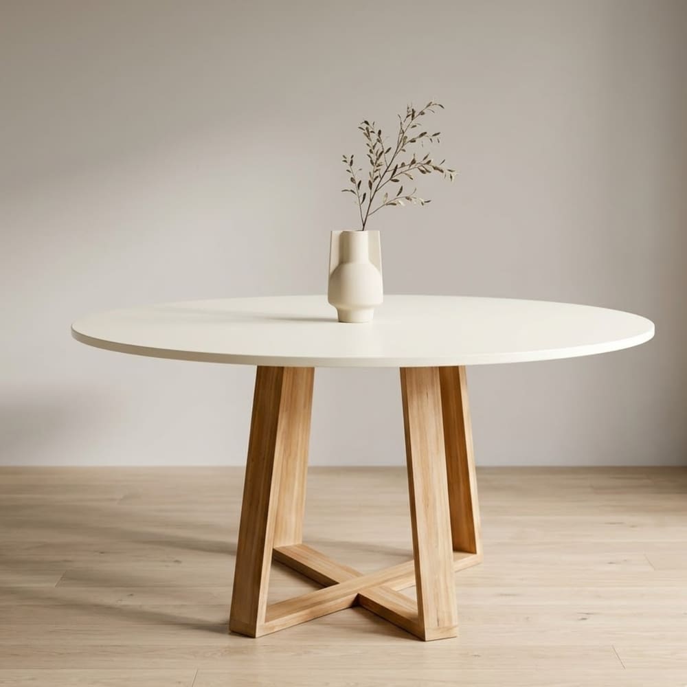Mesa De Jantar Redonda Livia 110cm Off White Pés Em Madeira