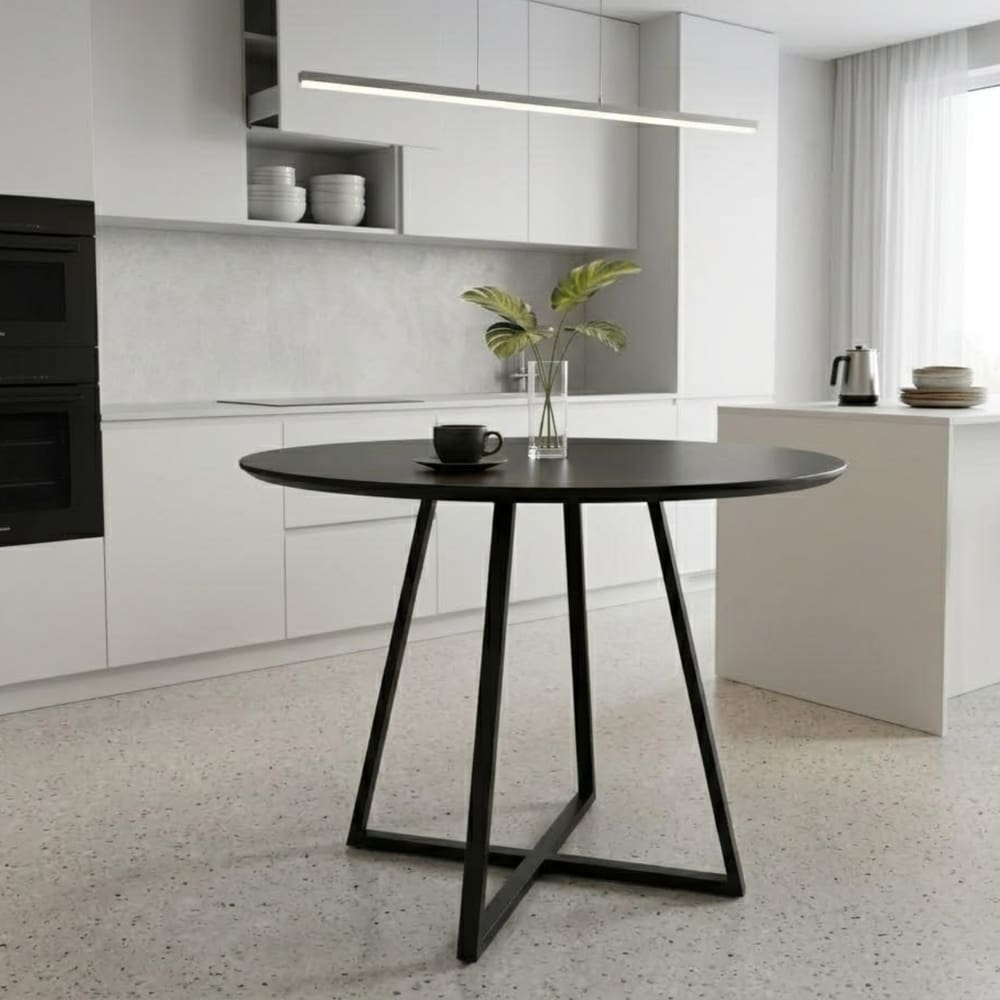 Mesa Redonda Preta Laís Com Base De Ferro E Tampo Mdf 90cm