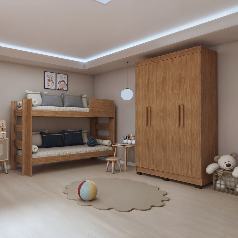 Quarto Infantil Completo com Guarda-Roupa e Beliche Théo em MDF
