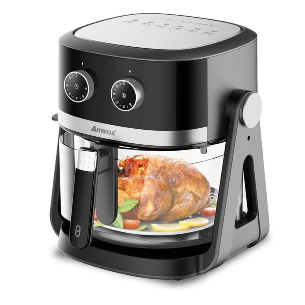 Air Fryer 5L Amvox ARF1150 1500W 2 em 1 com Cesto de Vidro Fritadeira Sem Óleo Preto/Prata 110V
