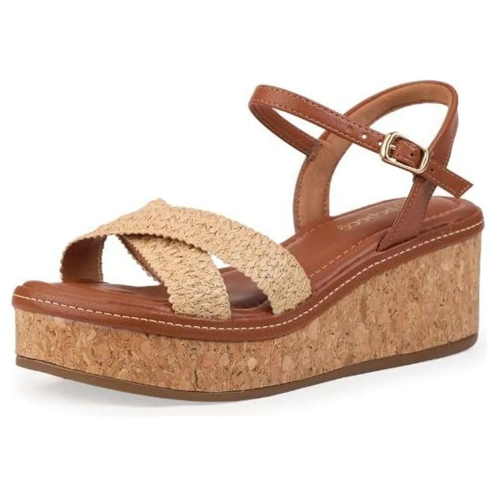 Sandália Feminina Detalhes Palha Casual Anabela Baixa Bebecê