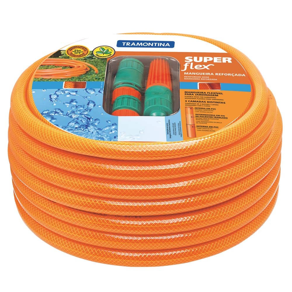 Mangueira Tramontina Super Flex de 1/2” com Engates Rápidos e Esguicho - 10m - Laranja