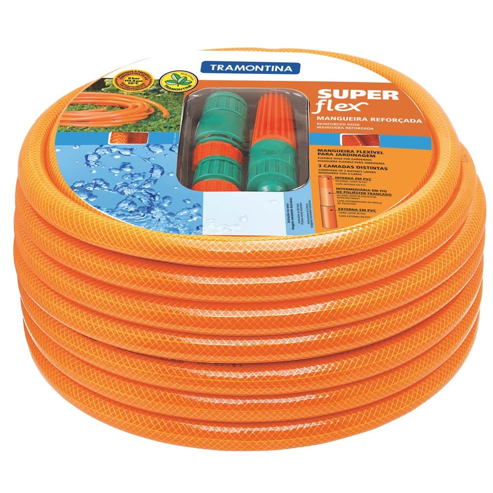 Mangueira Tramontina Super Flex de 1/2” com Engates Rápidos e Esguicho - 30m - Laranja