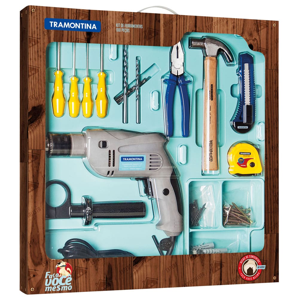 Kit de Ferramentas Tramontina 100 Peças com Furadeira, Martelo, Alicate