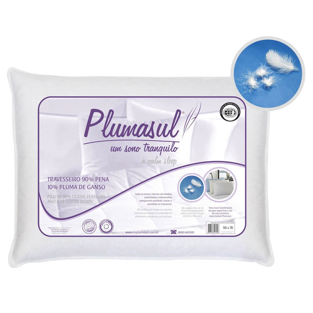 Travesseiro Plumasul 90% Penas e 10% Plumas de Ganso Percal 233 fios 50x70 cm - Branco