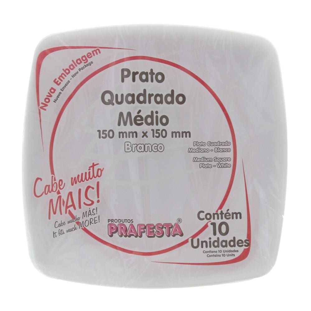 Prato de Plástico Descartável Quadrado Branco Grande com 10 Unidades Prafesta