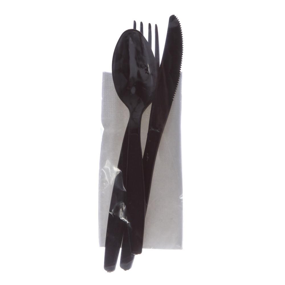 Conjunto de Talhares Descartáveis com Colher, Garfo, Faca Pretos e Guardanapo com 100 Unidades Plastfood