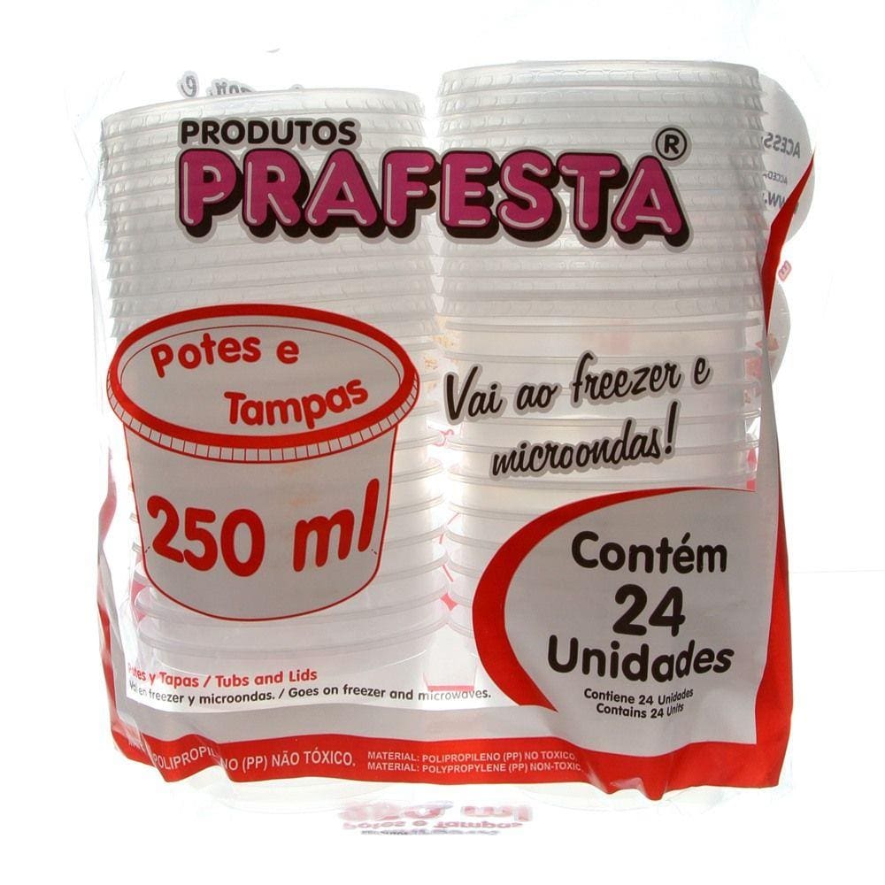 Pote de Plástico Descartável para Alimentos Redondo com Tampa 250ml com 24 Unidades Prafesta