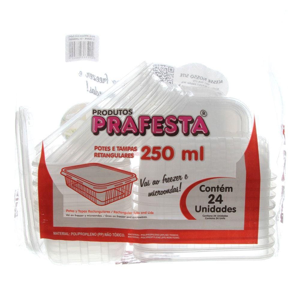 Pote de Plástico Descartável para Alimentos Retangular com Tampa 250ml com 24 Unidades Prafesta