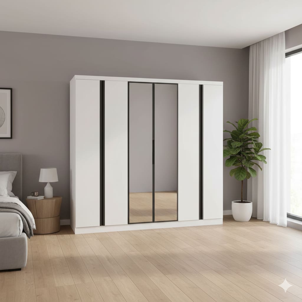 Guarda-Roupa Casal Bartira Monte Rei 6 Portas de Bater com Espelho 6 Gavetas Internas MDP - 238cm de Largura