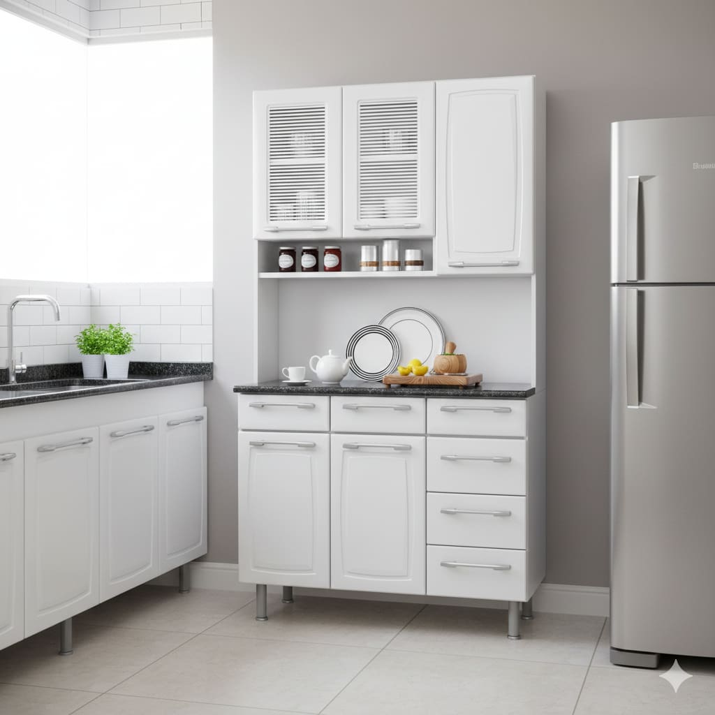 Conjunto de Cozinha Compacta Itatiaia Prisma 6 Portas 3 Gavetas 1 Nicho e Balcão de Apoio Aço - 105cm de Largura