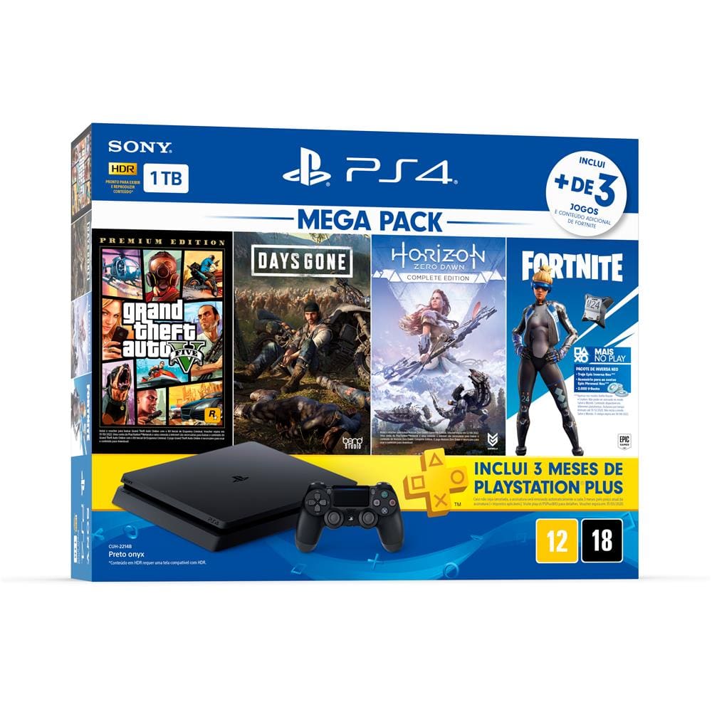 PlayStation 4 Mega Pack V15 1TB 1 Controle Preto - Sony + 3 Jogos