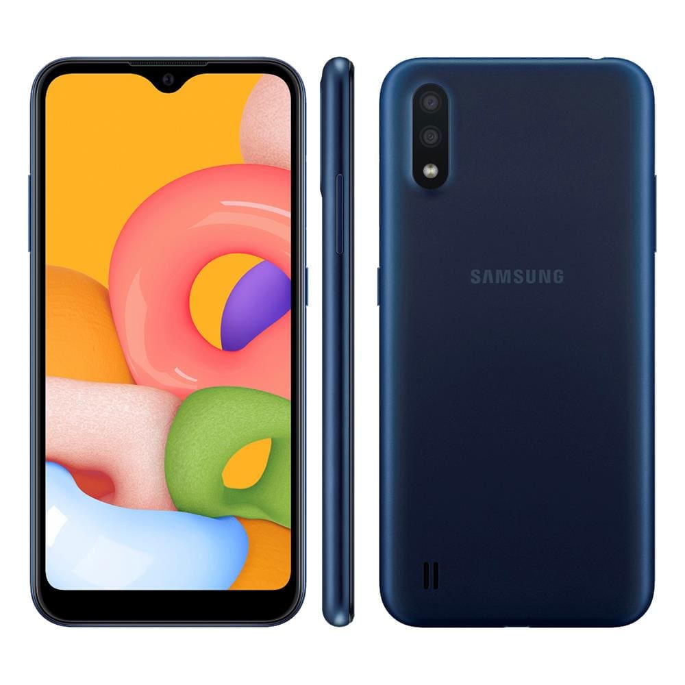 Smartphone Samsung Galaxy A01 Azul 32GB, Tela Infinita de 5.7”, Câmera Traseira Dupla, Android 10.0, Dual Chip e Processador Octa-Core