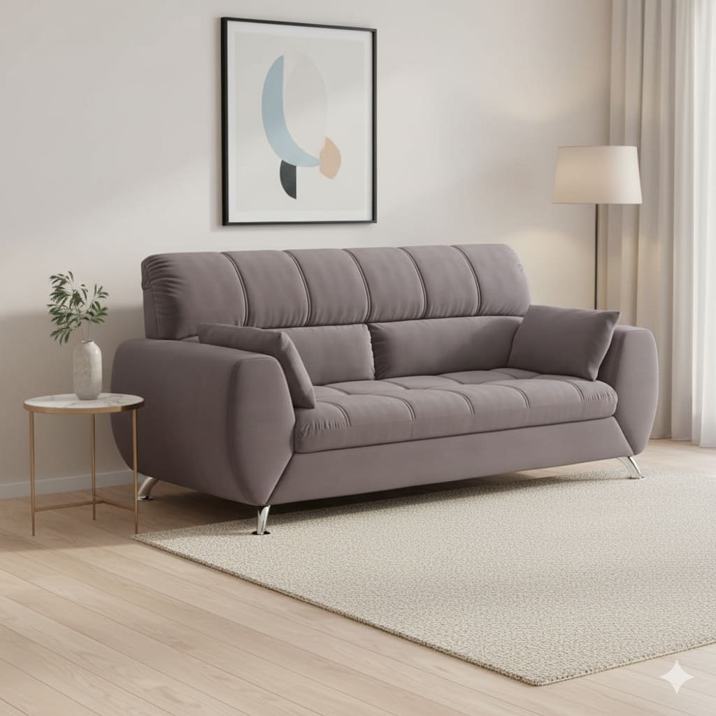 Sofá de 3 Lugares Linoforte Bélgica Revestido em Tecido Suede Encosto Fixo Acompanha 2 Almofadas - 204 cm de Largura