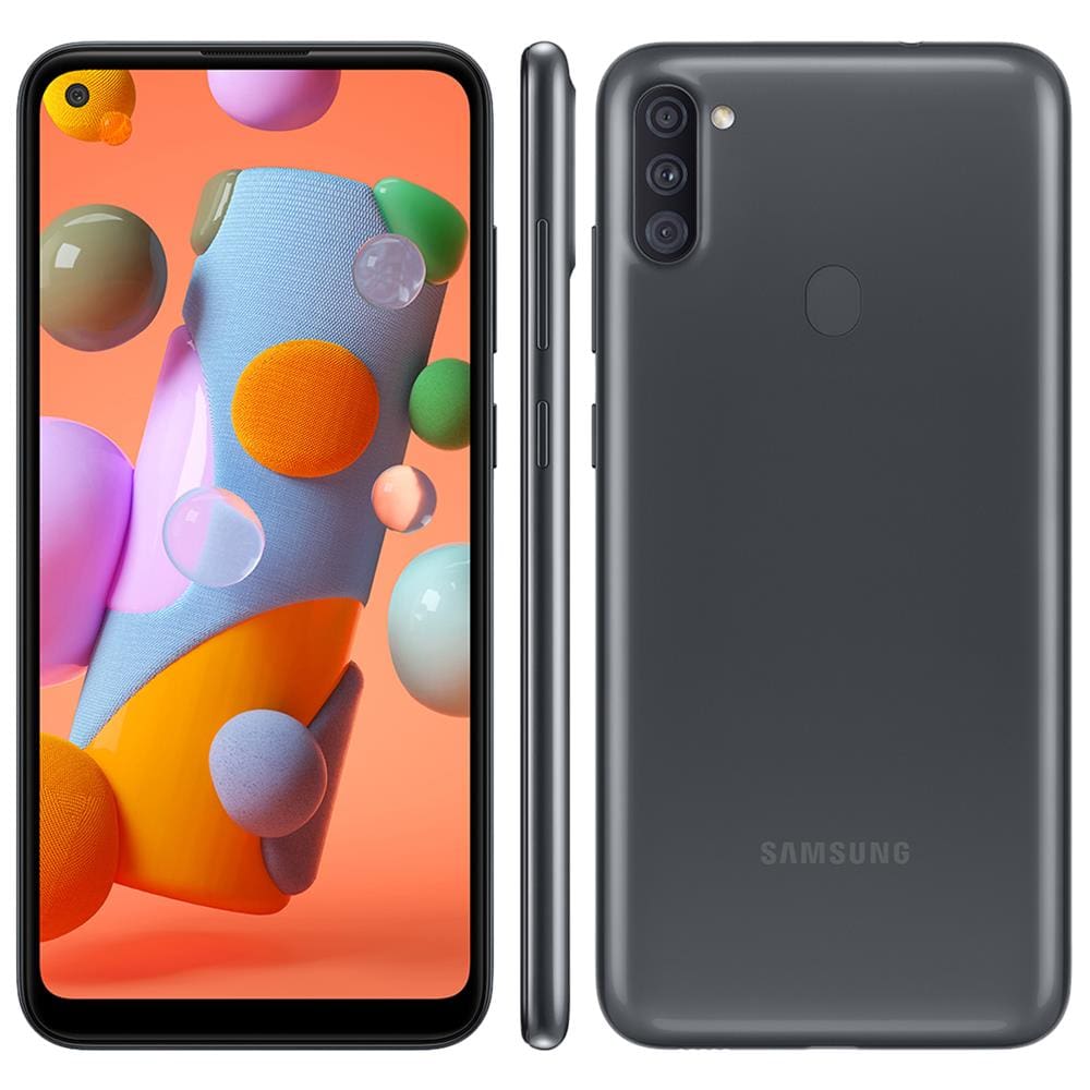 Smartphone Samsung Galaxy A11 Preto 64GB, Câmera Tripla,Tela Infinita de 6.4", Leitor de Digital, Octa Core, 3GB RAM, Carregamento Rápido e Android 10