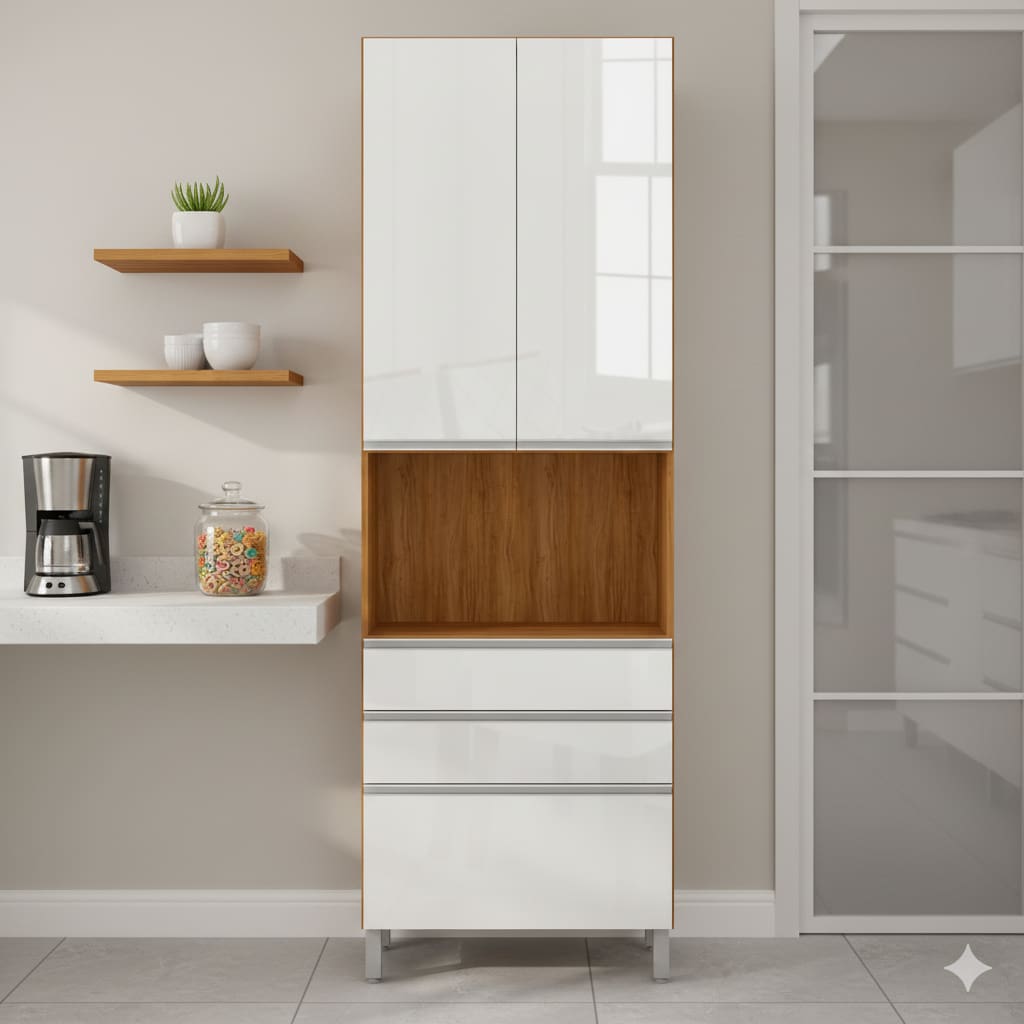 Paneleiro Bartira Amazonita 2 Portas 3 Gavetas 2 Prateleiras Internas 1 Nicho Aço - 71cm de Largura