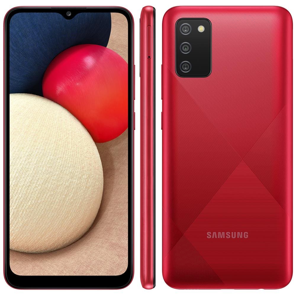 Smartphone Samsung Galaxy A02s Vermelho 32GB, Tela Infinita de 6.5”, Câmera Tripla, bateria 5000mAh, 3GB RAM e Processador Snapdragon 450