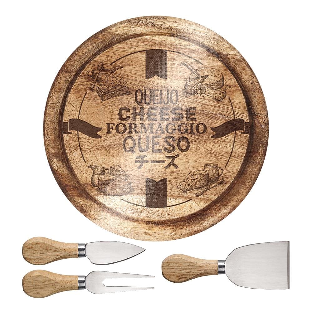 Conjunto para Queijo com Tábua de Decoração Euro Home Madeira/Vidro/Inox - 4 Peças