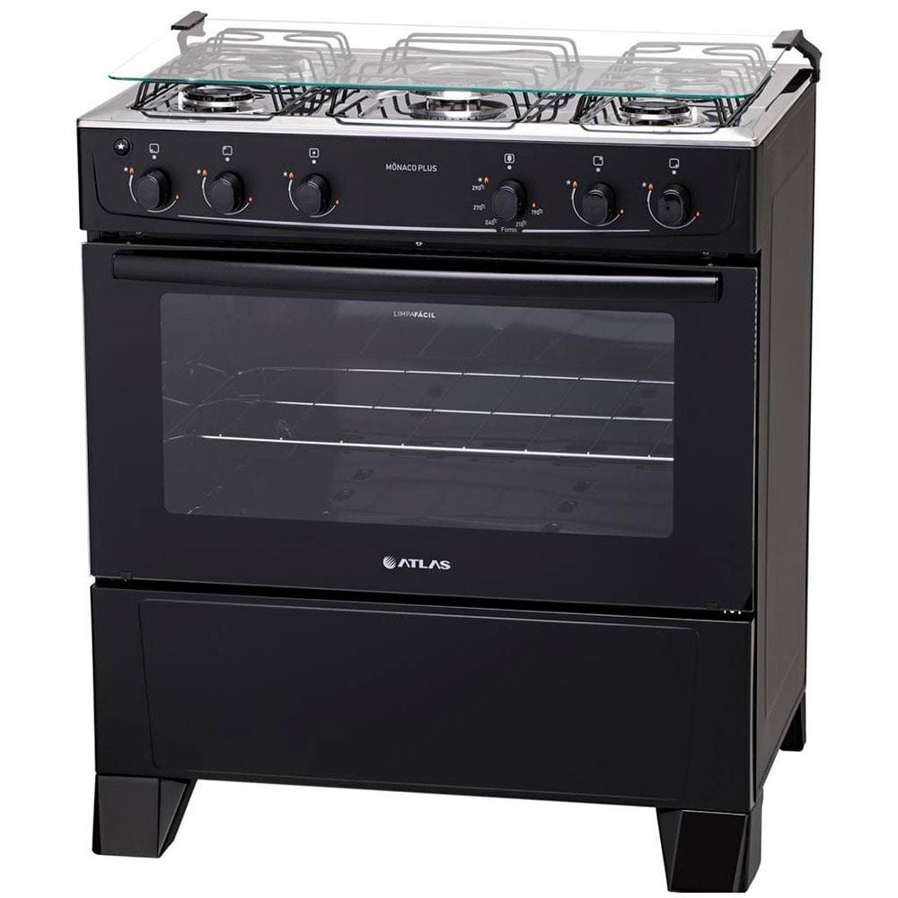 Fogão Atlas 5 Bocas Mônaco Plus com Mesa de Inox Bivolt - Preto