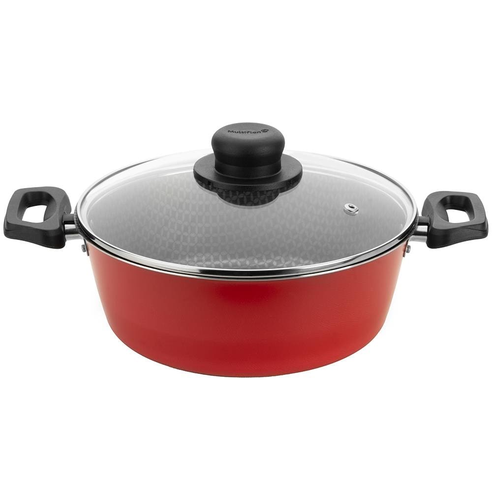Caçarola Multiflon Essencial em Alumínio com Revestimento Interno Antiaderente e Tampa de Vidro com Saída de Vapor 20 cm – Vermelha