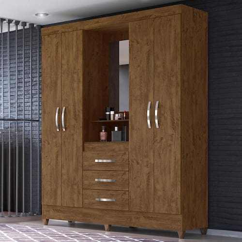 imagem-Guarda-Roupa Moval Capri com Espelho, 4 Portas e 3 Gavetas - Castanho Wood