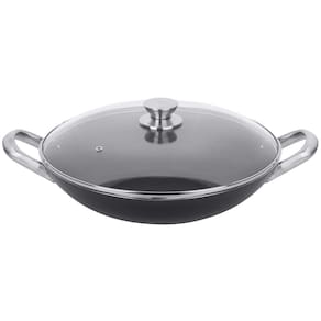 Frigideira Wok Multiflon Profissional em Alumínio com Revestimento Antiaderente 7 Camadas e Tampa de Vidro Temperado 34 cm - Grafite