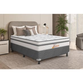 Cama Box Conjugado Casal Softflex Gladiador com Molas Ensacadas, Europillow e Pillow Top D28 50x138x188 cm - Cinza/Branco Floral