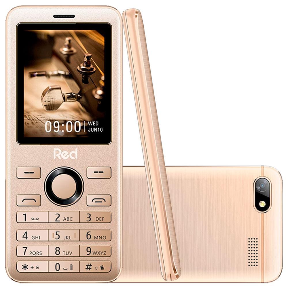 Celular Red Mobile Prime 2.4 Dourado com Tela 2.4”, Câmera, Rádio FM, Vibracall, Bluetooth e Dual Chip