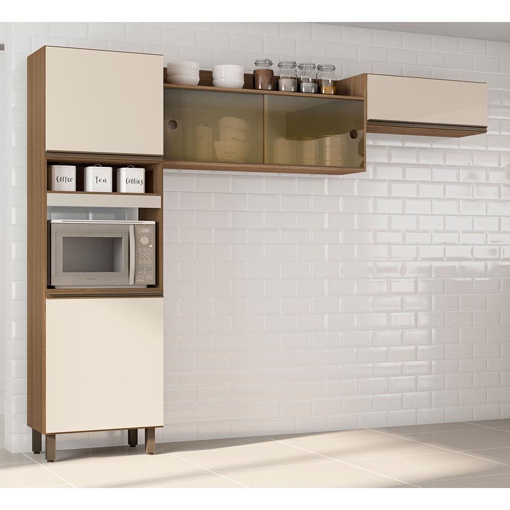 Cozinha Compacta Poliman Porto com 5 Portas e 2 Prateleiras - 260cm de largura - Carvalho/Off White