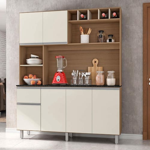 imagem-Cozinha Compacta Poliman Alice com 6 Portas, 1 Gaveta e 2 Prateleiras - 160cm de largura - Carvalho/Off White