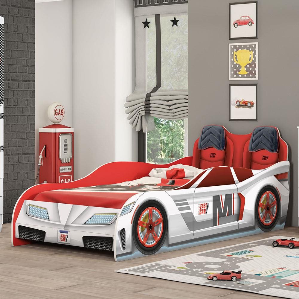 Cama Infantil Móveis Estrela Fast Car Para Colchão 188 x 88 - Branco/Vermelho/Preto