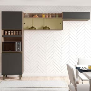 Cozinha Compacta Poliman Porto com 5 Portas e 1 Prateleira e 260cm de largura - Carvalho e Grafite