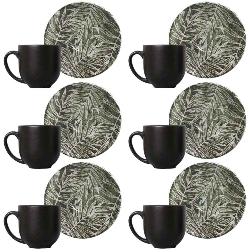 Conjunto com 6 Xícaras e Pires para Café Porto Brasil Coup Herbarium em Cerâmica Feldspática Off-White - 112ml