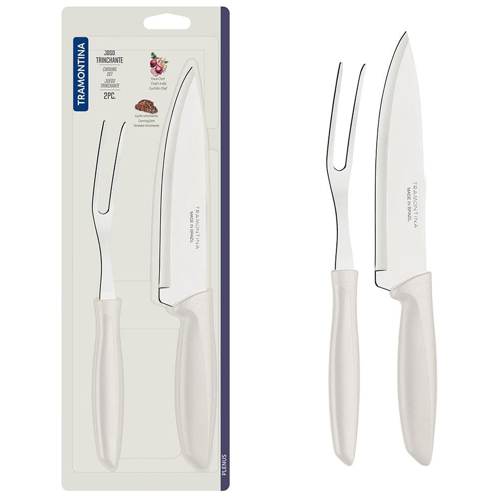Conjunto Faca Chef e Garfo Trinchante Tramontina Plenus Off-White - 2 Peças