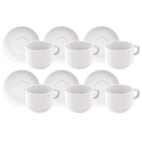 Conjunto com 6 Xícaras e Pires para Chá Tramontina Paola em Porcelana Branca - 240 ml