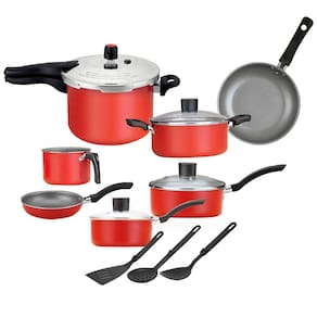 Conjunto de Panelas 10 Peças Alegrete Enjoy com Revestimento Antiaderente, Tampas de Vidro e Cabos em Baquelite - Vermelho