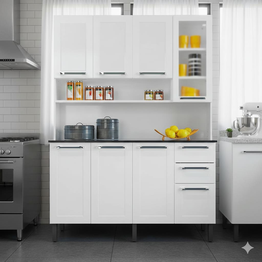 Cozinha Compacta Itatiaia Florença 8 Portas 2 Gavetas 1 Nicho e Balcão de Apoio Aço - 140cm de Largura