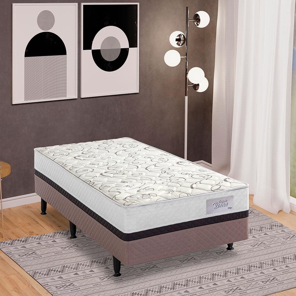 Cama Box Conjugada Solteiro Herval Roma Ortopédico com Pillow Top e Tecido Poliéster 53x88x188 cm - Marrom/Bege/Branco