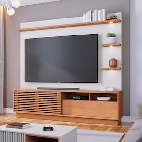 Estante Home Colibri Campeche com Porta Deslizante, Spots de Led, 200 cm de Largura, Ideal para TV de Até 70”