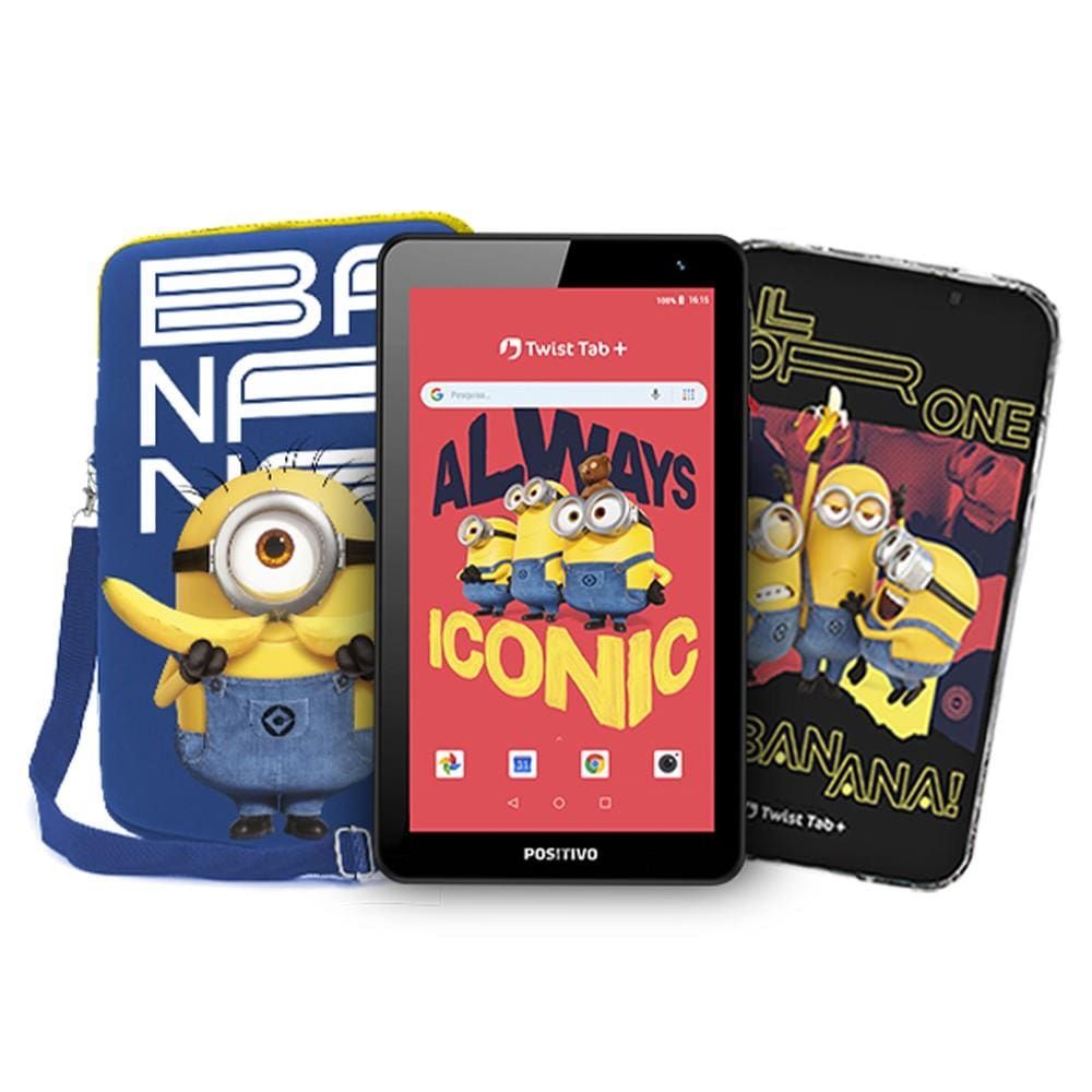 Tablet Positivo Twist Tab Minions+ com Tela 7", Quad Core, 64GB, Wi-Fi, Câmera Frontal 2MP, Android 11 GO, Capinha e Bolsa de transporte - Preto