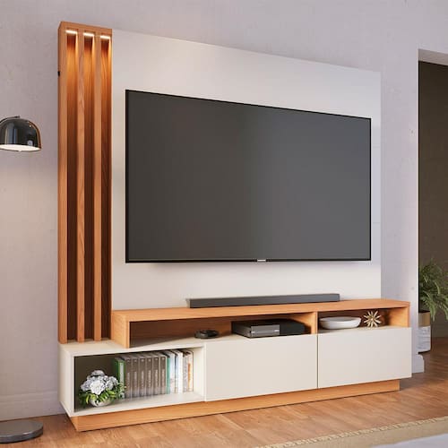 imagem-Estante Home Colibri Humaitá com 180 cm de Largura, Ideal para TV de Até 65” - Off White Matte/Freijó