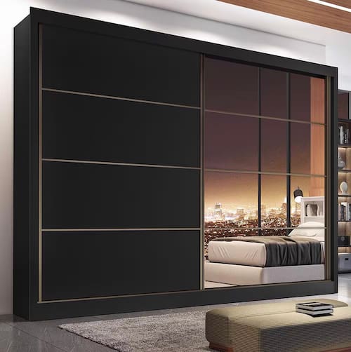 imagem-Guarda-Roupa Casal Mademarques Sevilha Flex com 228 cm Largura, 2 Portas, 6 Gavetas, 10 Prateleiras e Espelho - Preto/Branco