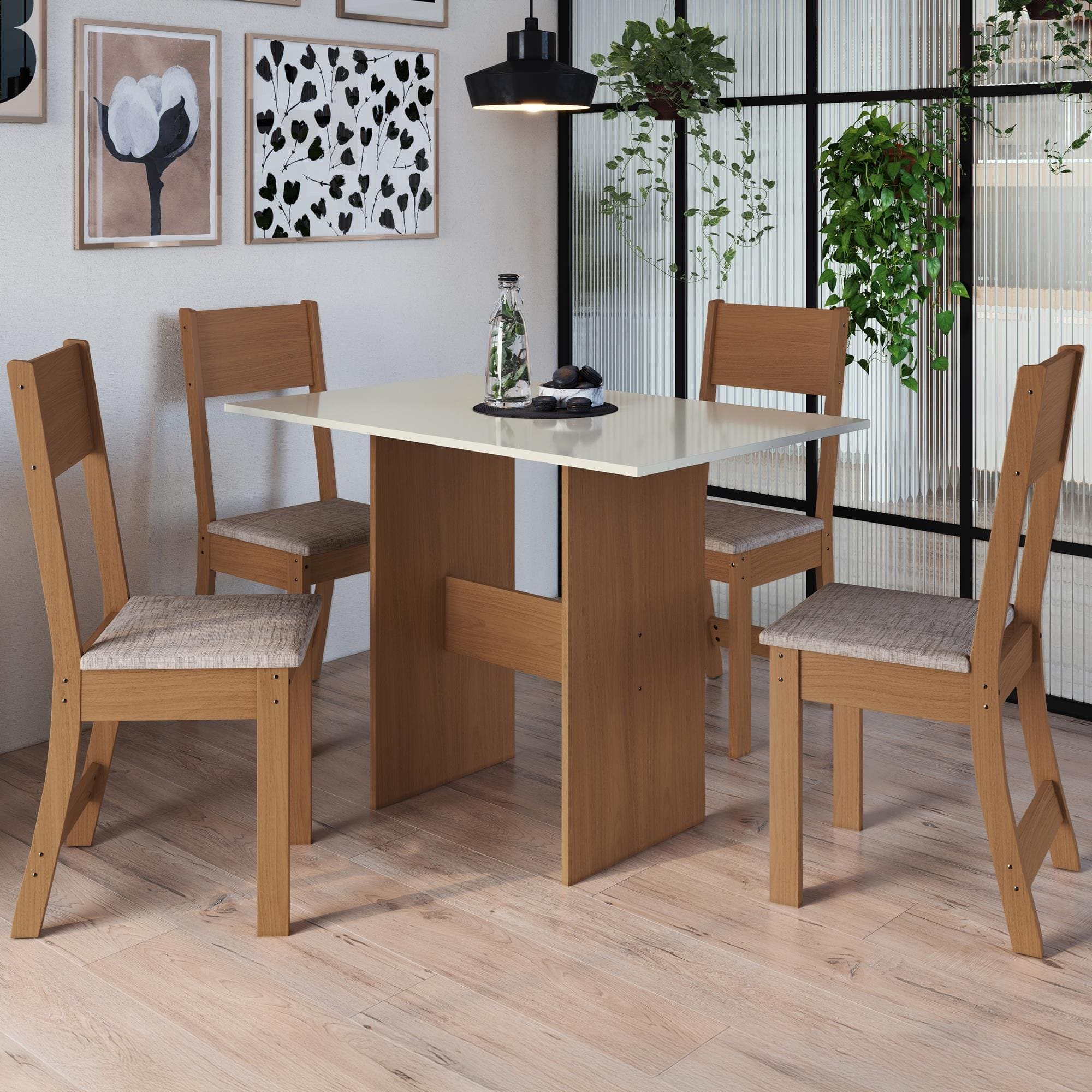 Mesa de Jantar Retangular Indekes Orquídea 4 Cadeiras Assento Estofado Freijo/Off White