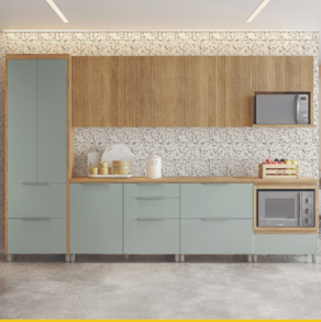 Cozinha Completa em MDF Nesher Paris Ripada com 340 cm de Largura, 9 Portas, 7 Gavetas e 13 Prateleiras - Verde/Nature