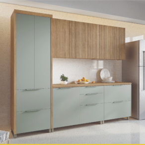 Cozinha Completa em MDF Nesher Paris Ripada com 270 cm de Largura, 8 Portas, 6 Gavetas e 12 Prateleiras - Verde/Nature