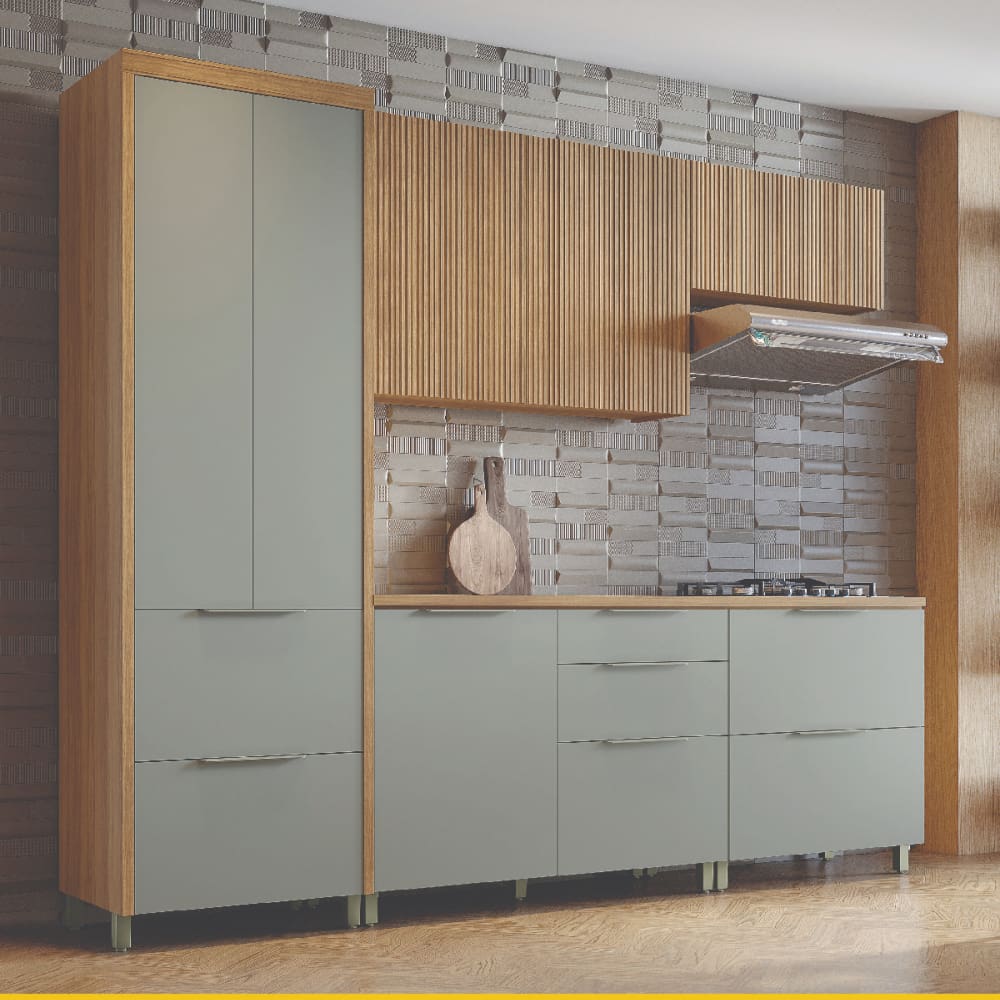 Cozinha Completa em MDF Nesher Paris Ripada com 270 cm de Largura, 7 Portas, 6 Gavetas e 11 Prateleiras - Verde/Nature